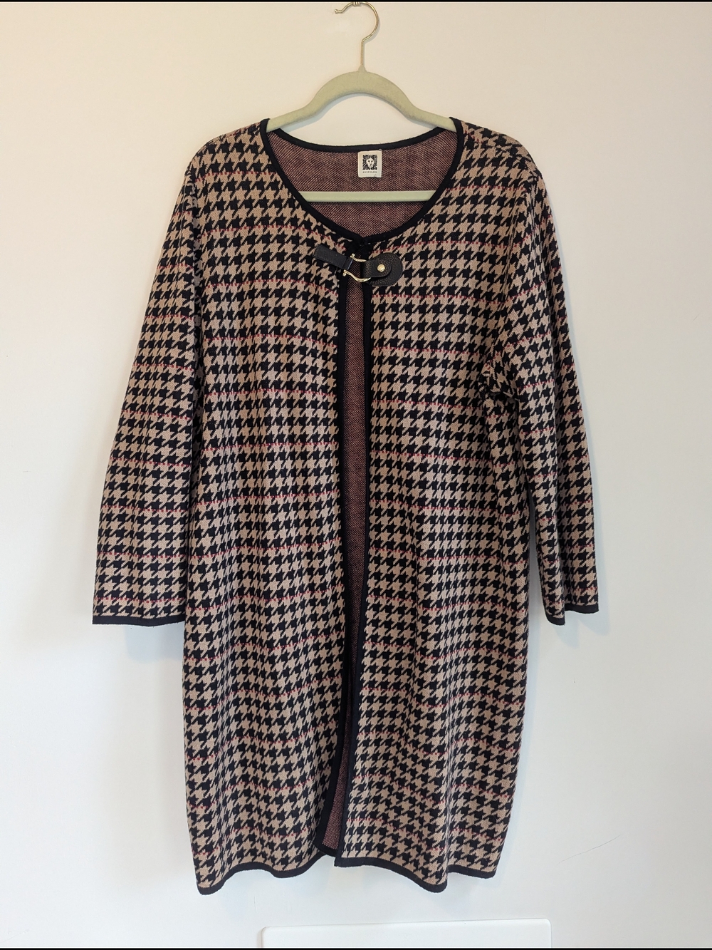 Anne Klein Black and Beige Houndstooth Long Cardigan